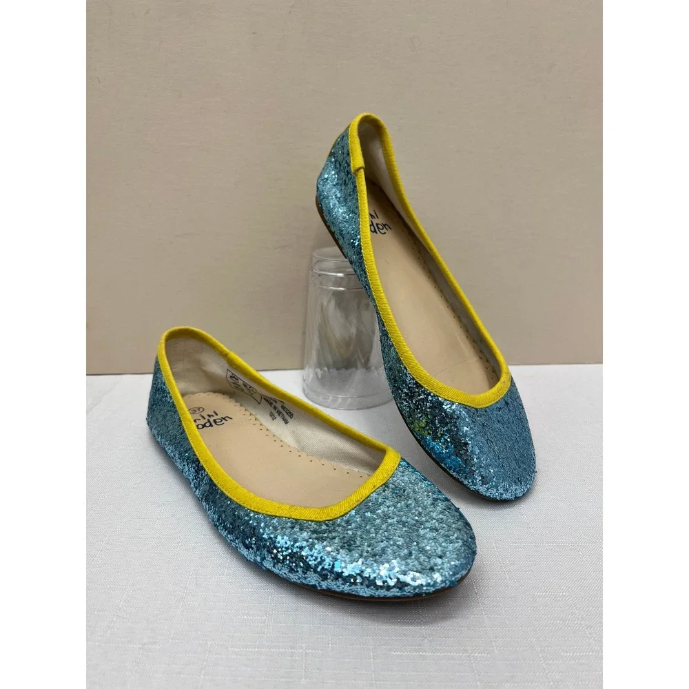 Mini Boden Ballet Flats Kids Size 37 Blue Good Glitter Yellow Trim Slip On